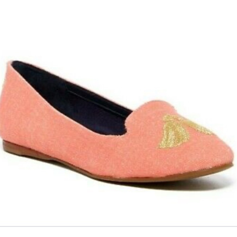 Jack Rogers embroidered gold tassel flat coral pink shoes.